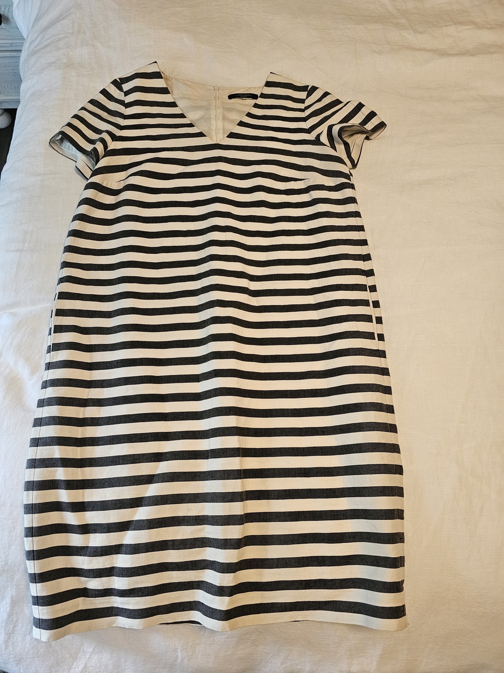 MaxMara Black and White Striped V-Neck Shift Dress